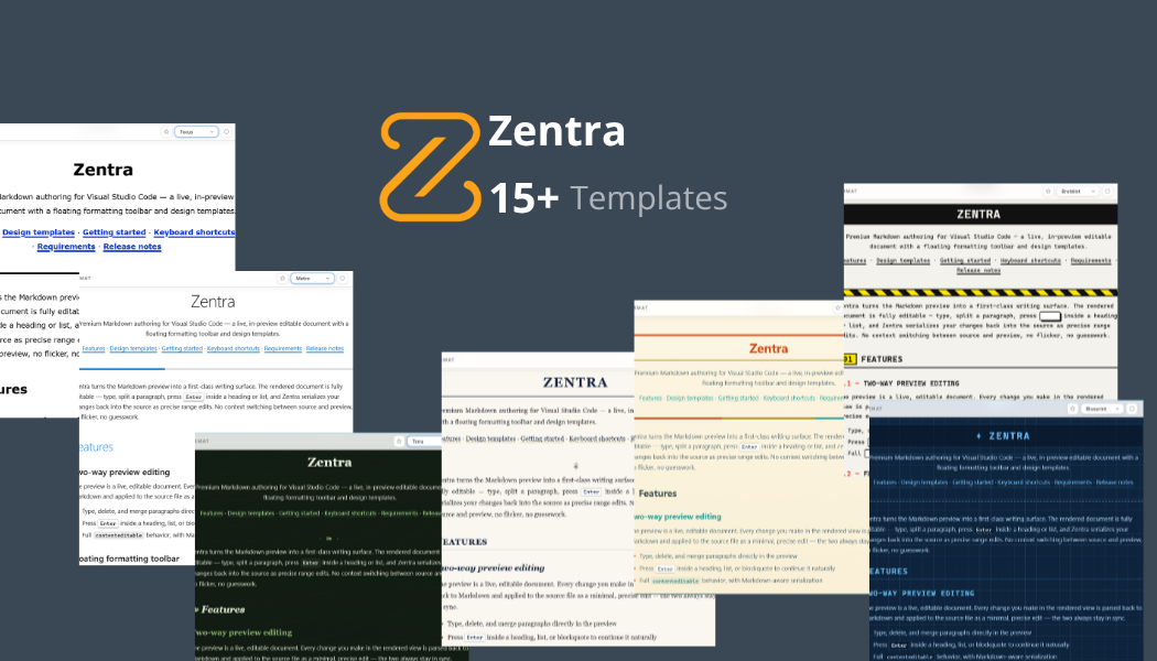 Split view inside Zentra Studio: Markdown source on the left, its rendered preview on the right.
